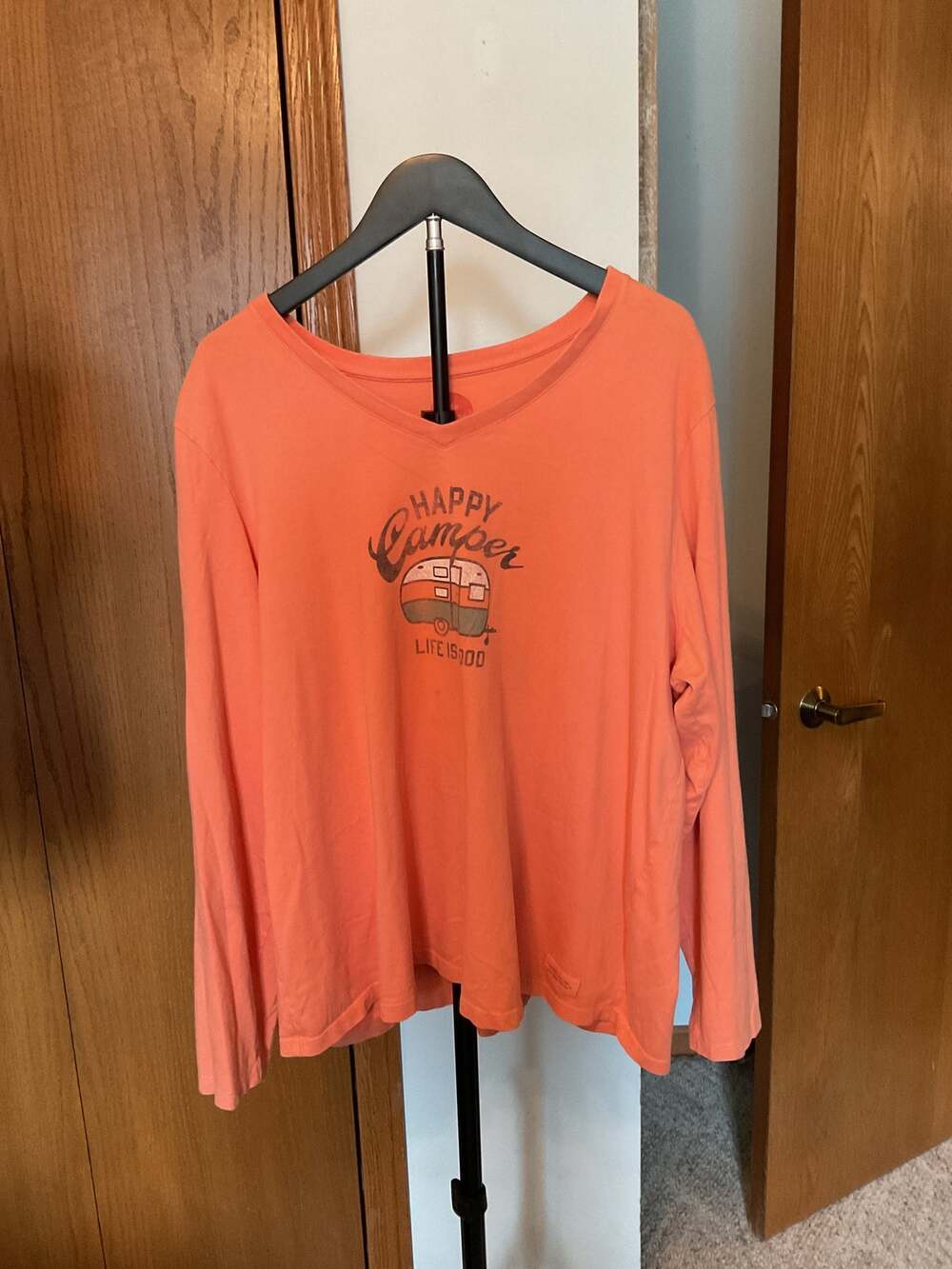 Life is Good Happy Camper Shirt V-Neck Graphic Tee Orange Peach Crusher Top XXXL